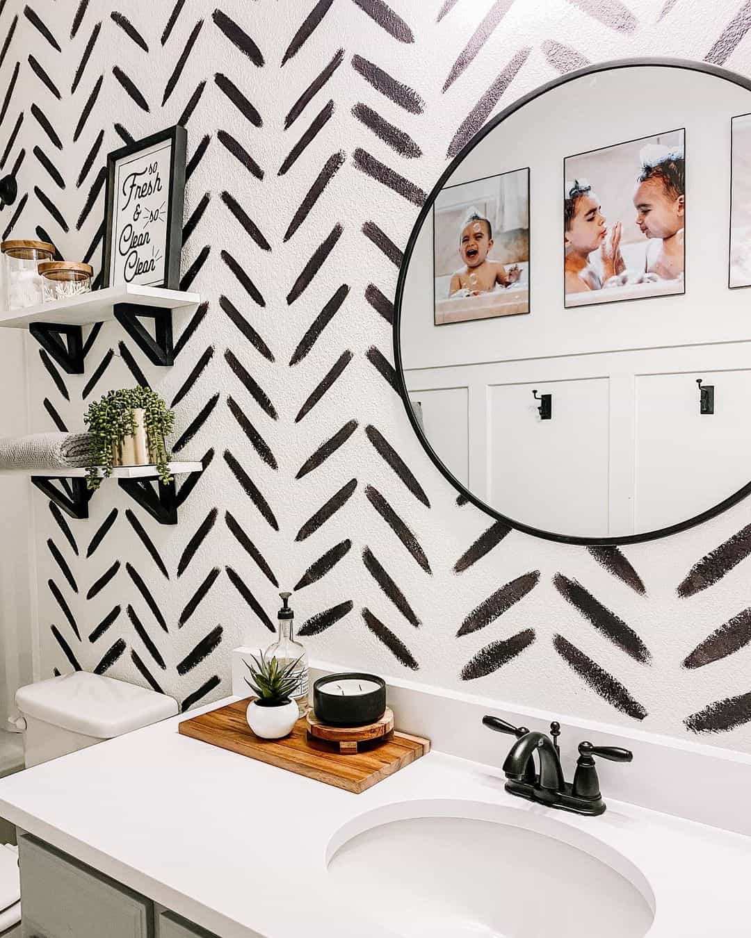 Modernart Inspired Bathroom With Black and White Herringbone Pattern