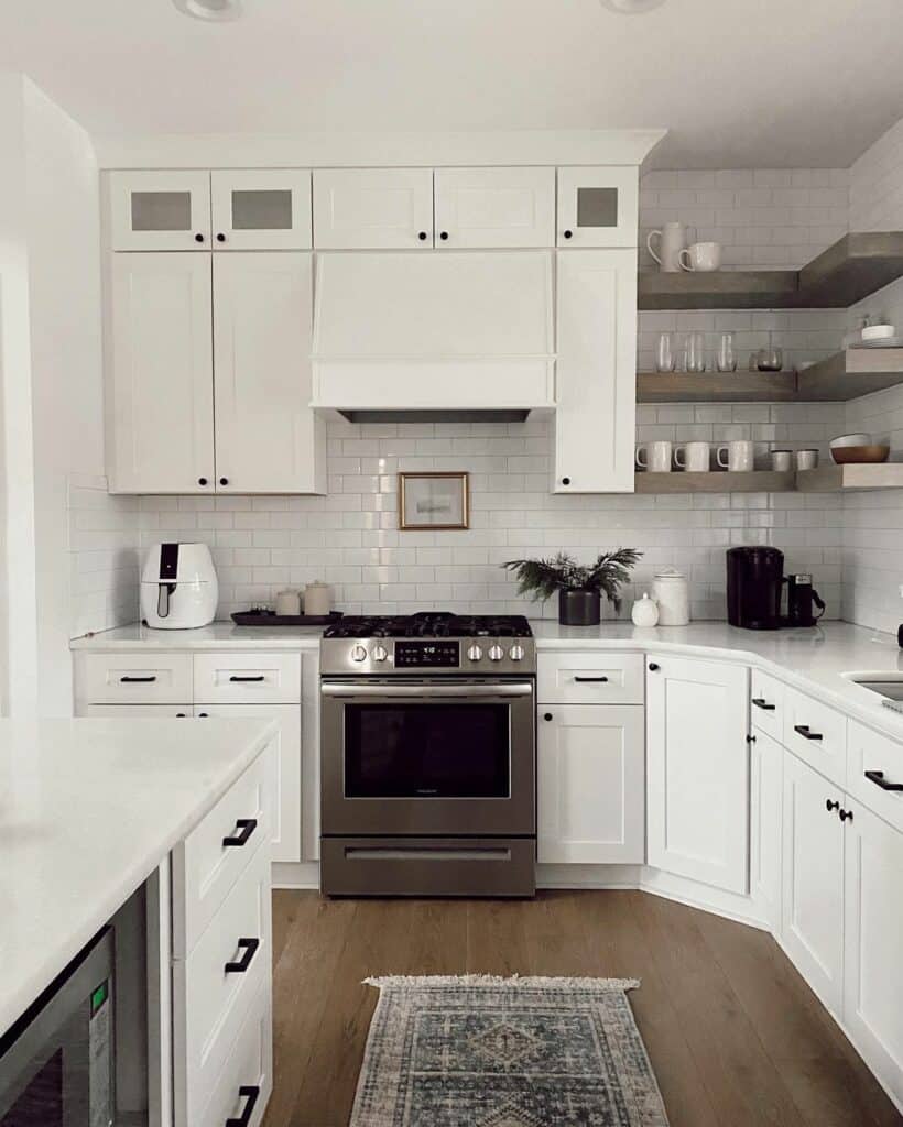 Monochromatic-themed Kitchen With Gray Open Shelving