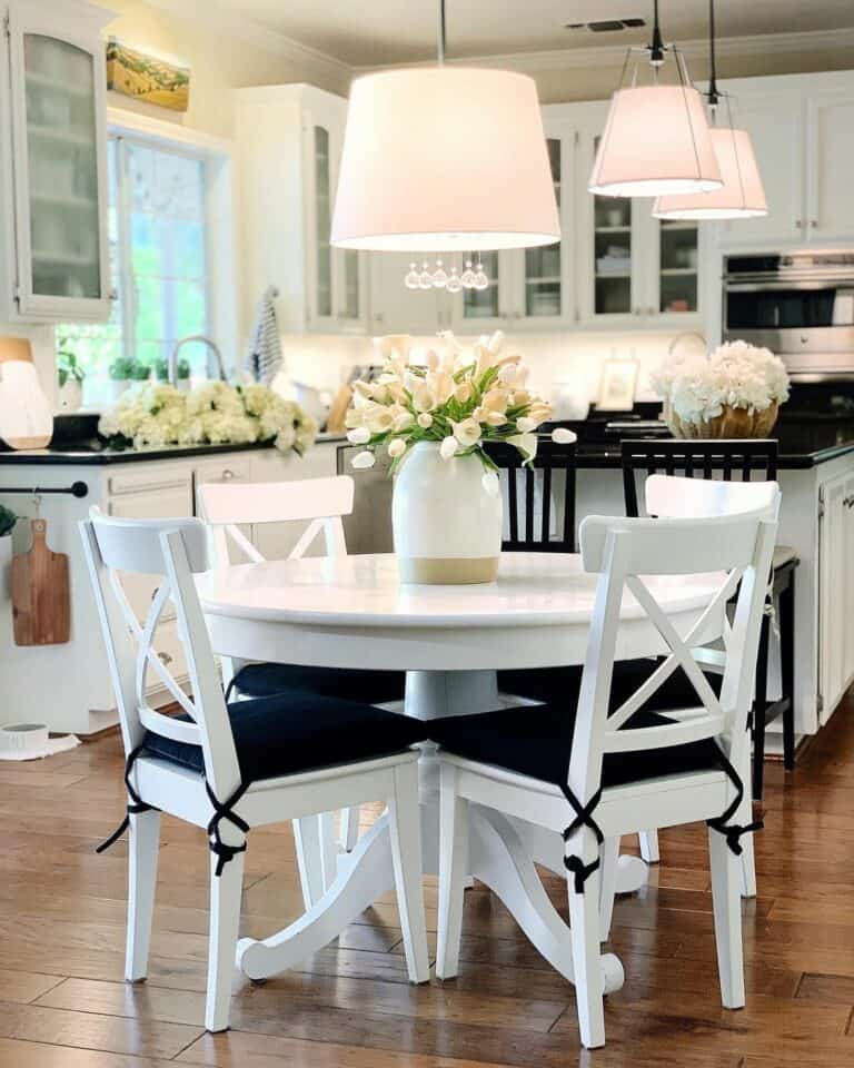 Monochromatic-themed Kitchen With White Flowers