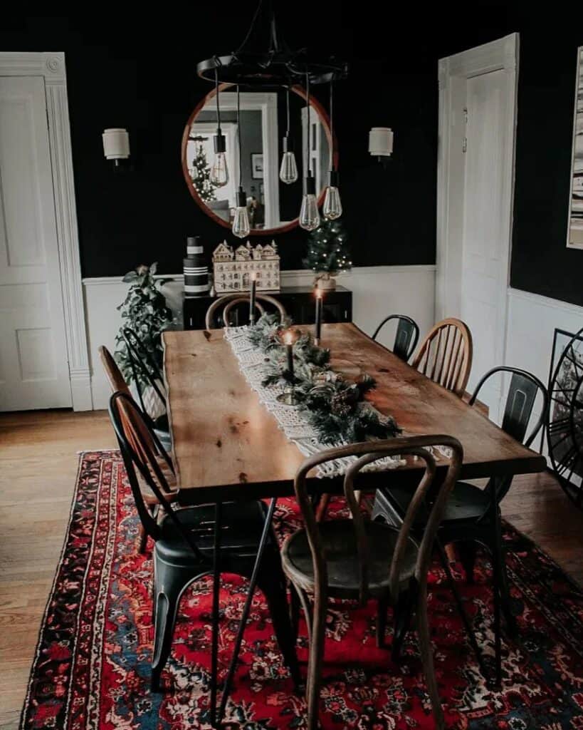 Moody Dining Room With Vibrant Red Area Rug