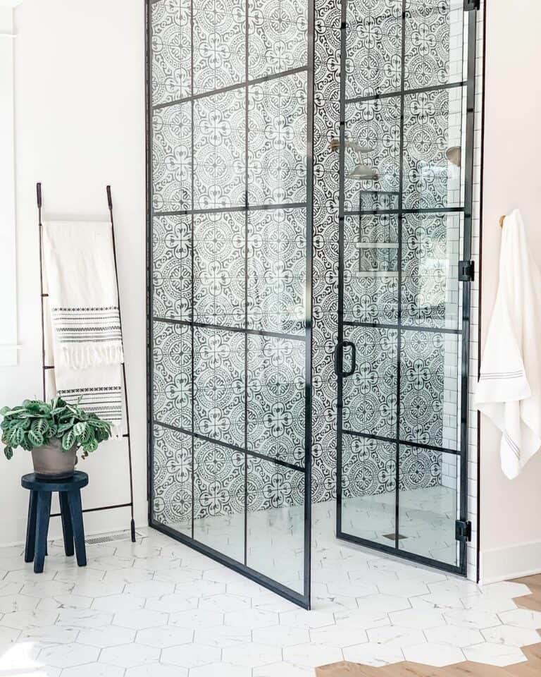 Mosaic Tile Walk-in Shower With Black Grid Enclosure