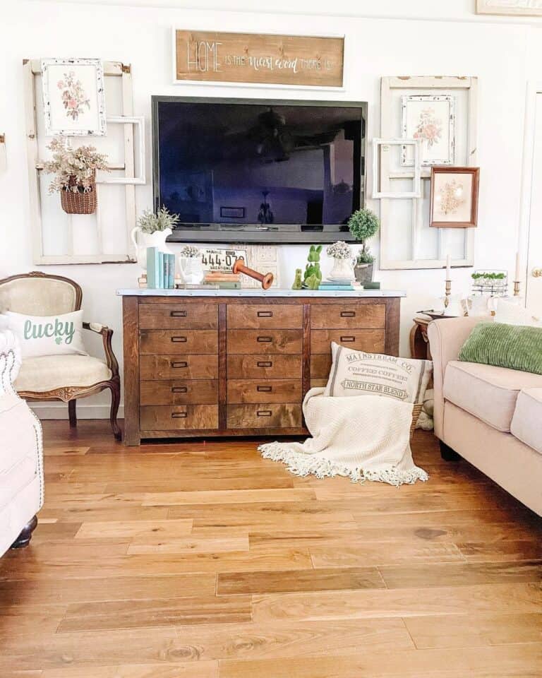 Mounted TV Idea in Small Farmhouse Living Room