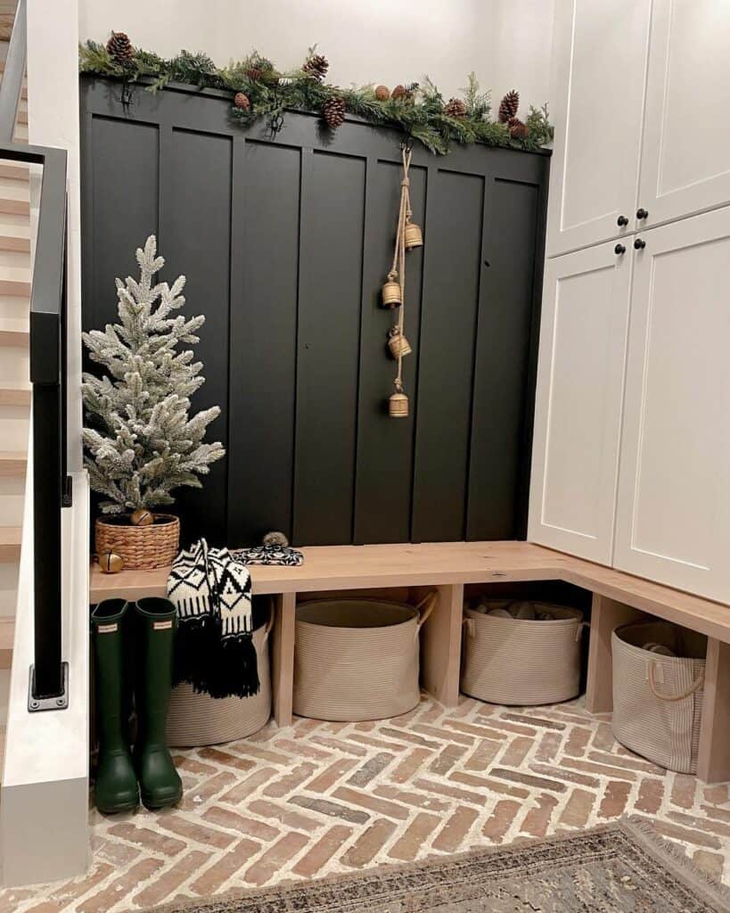 Mudroom With Black Panel Feature Wall