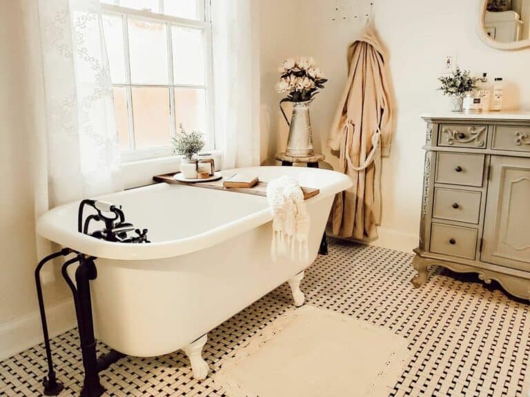Muted Black and White Tile Bathroom Flooring for Soft Color Palette Bathroom