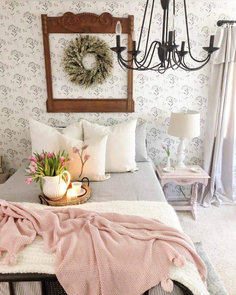 Muted Black and White Wallpaper Bedroom With Pink Accents