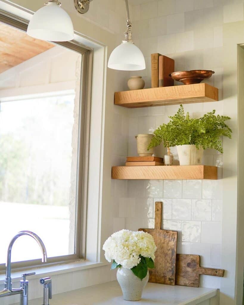 Natural Wood Shelves Near Kitchen Window
