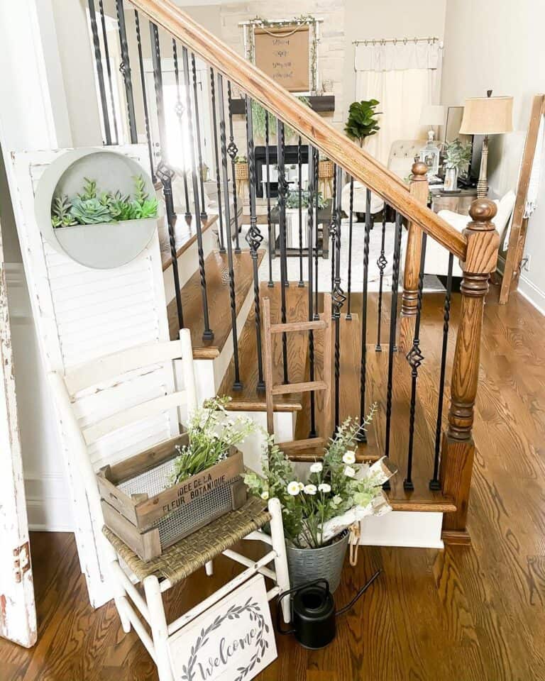 Natural Wood Staircase with Iron Spindles