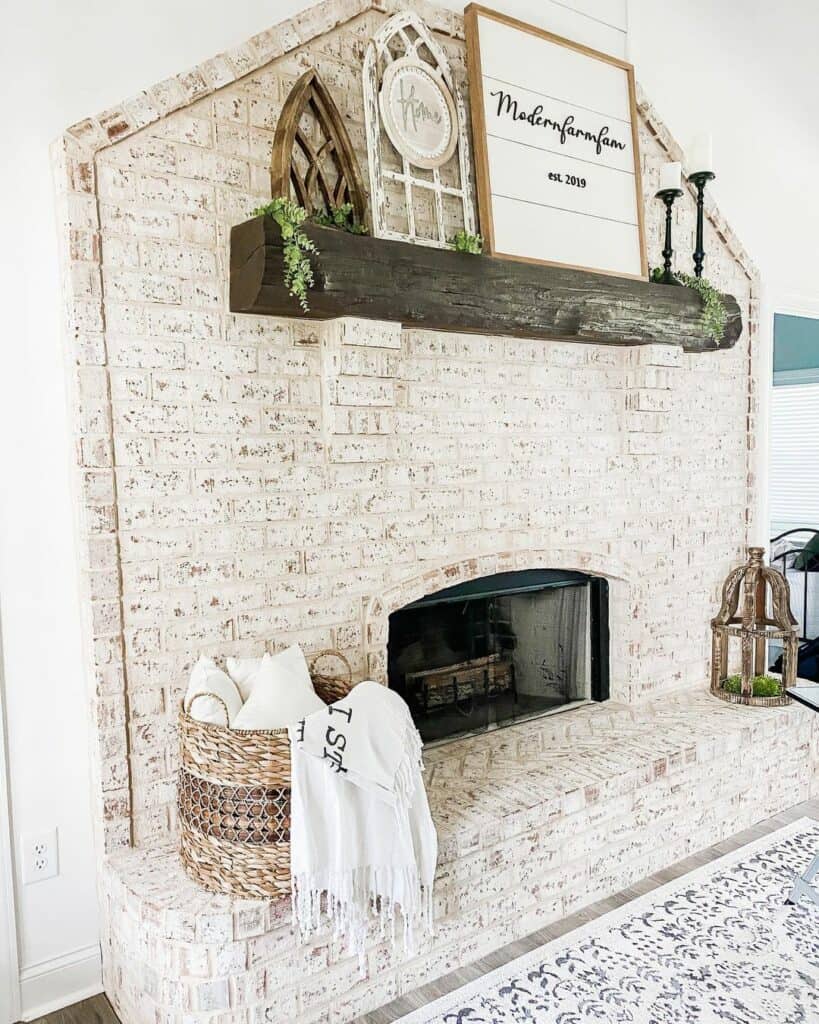 Natural Wooden Log Mantel With Vintage Accents
