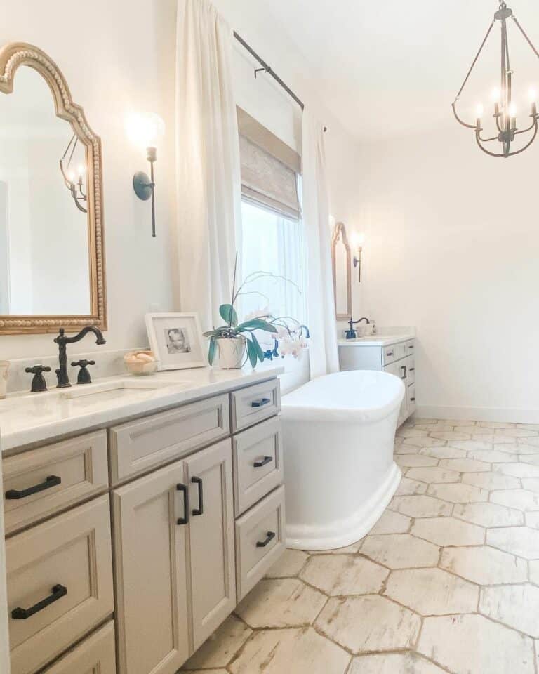 Neutral Farmhouse Bathroom With Two Vanities