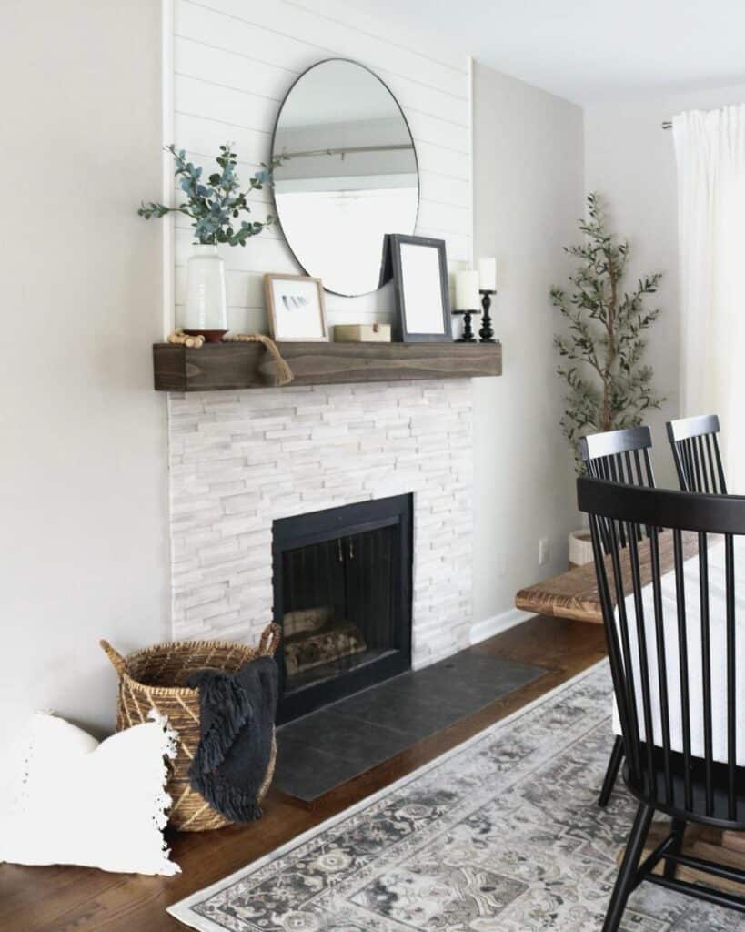 Neutral Fireplace in Gray Dining Room