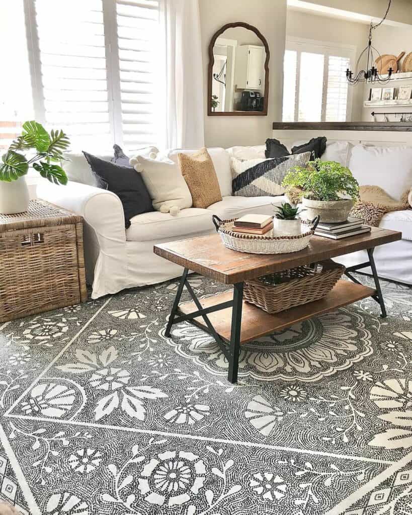 Neutral Living Room With a Grey and White Rug