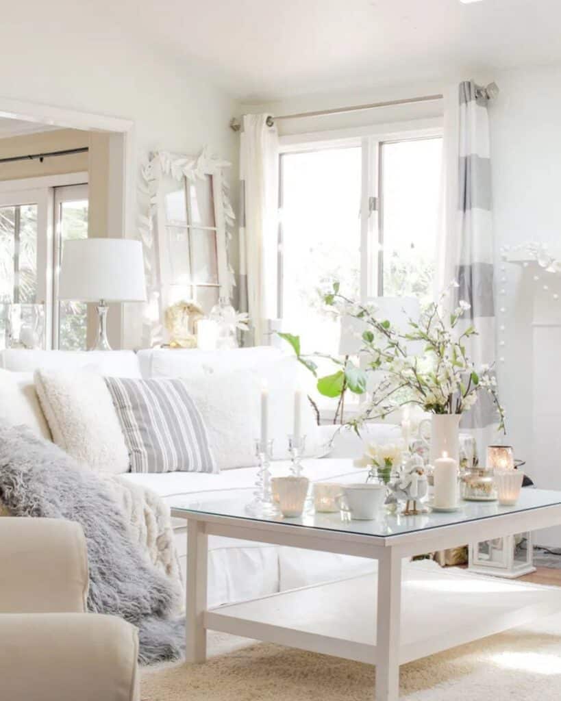 Neutral White Living Room Ideas With Glass Coffee Table