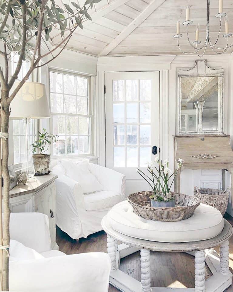 Neutral Wood Ceiling in Farmhouse Living Room