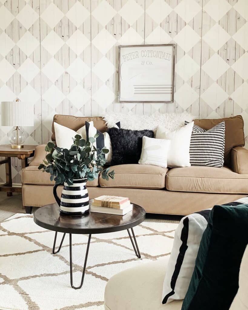 Neutral-toned Living Room With Diamond-patterned Wallpaper