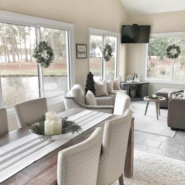 Open-Concept Living Room With Wreaths