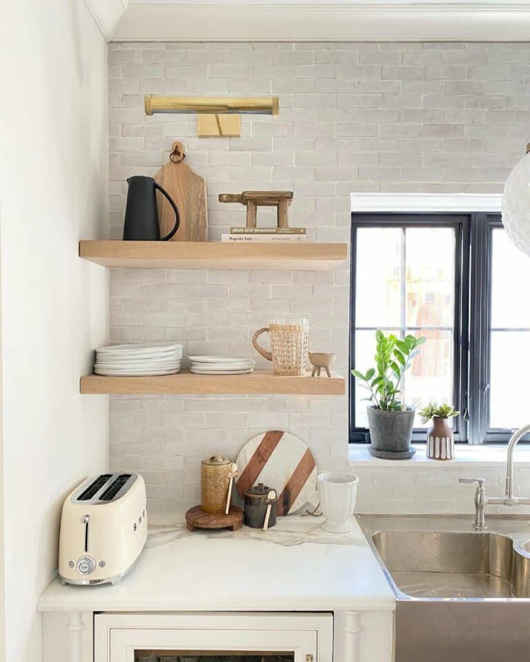 Open Shelving Kitchen With Light Wood Shelves