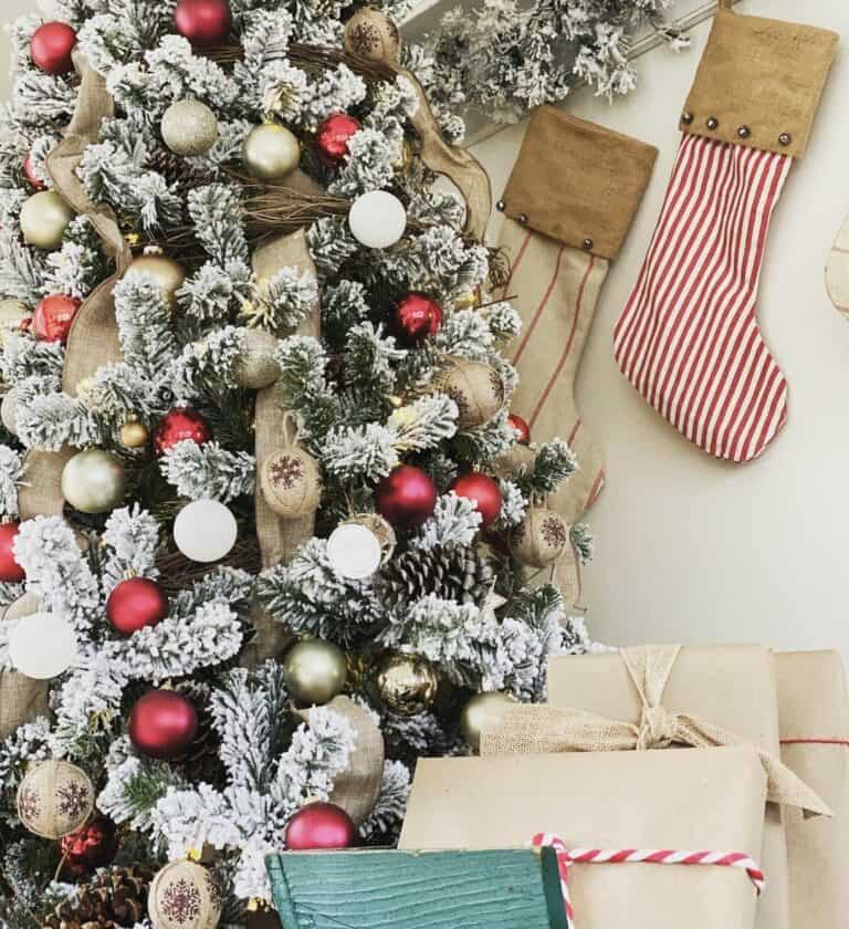 Patterned Burlap Stockings for a Red and White Themed Christmas