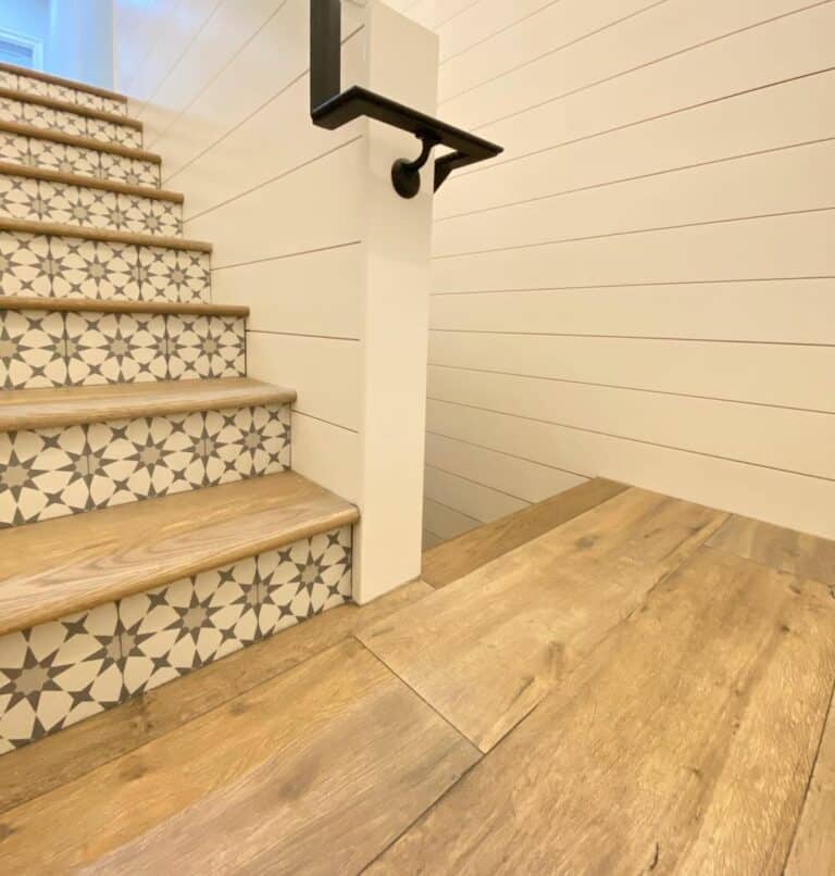 Patterned Stair Risers in Farmhouse-inspired Home