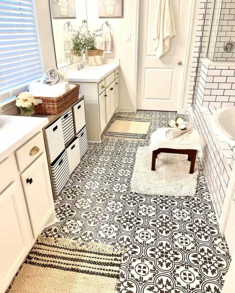 Patterned Tile Floor and White Cupboards