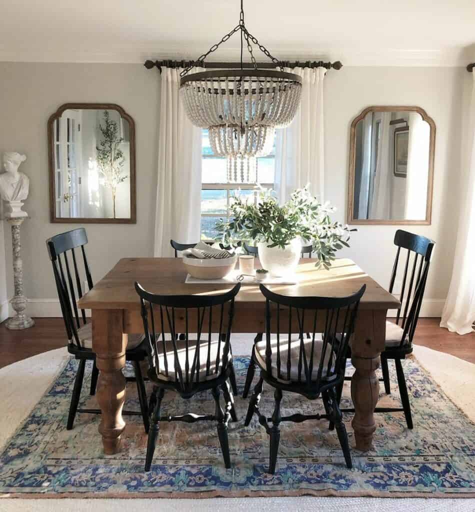 Pine Dining Table With Black Metal and White Beaded Chandelier