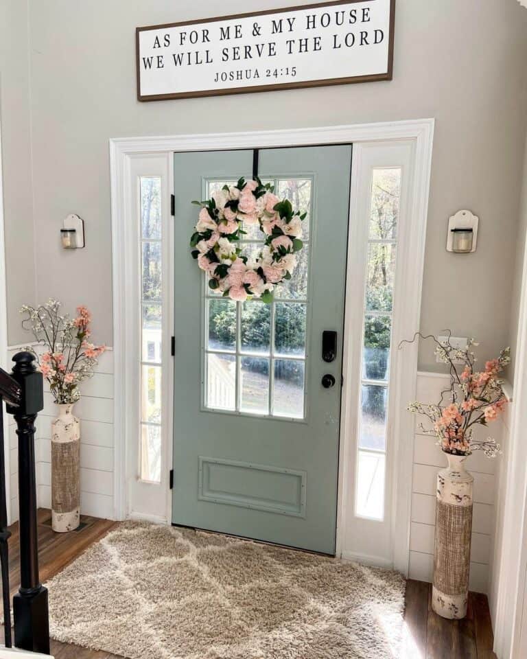 Pink Flowers on a Light Grey Door with Sidelights