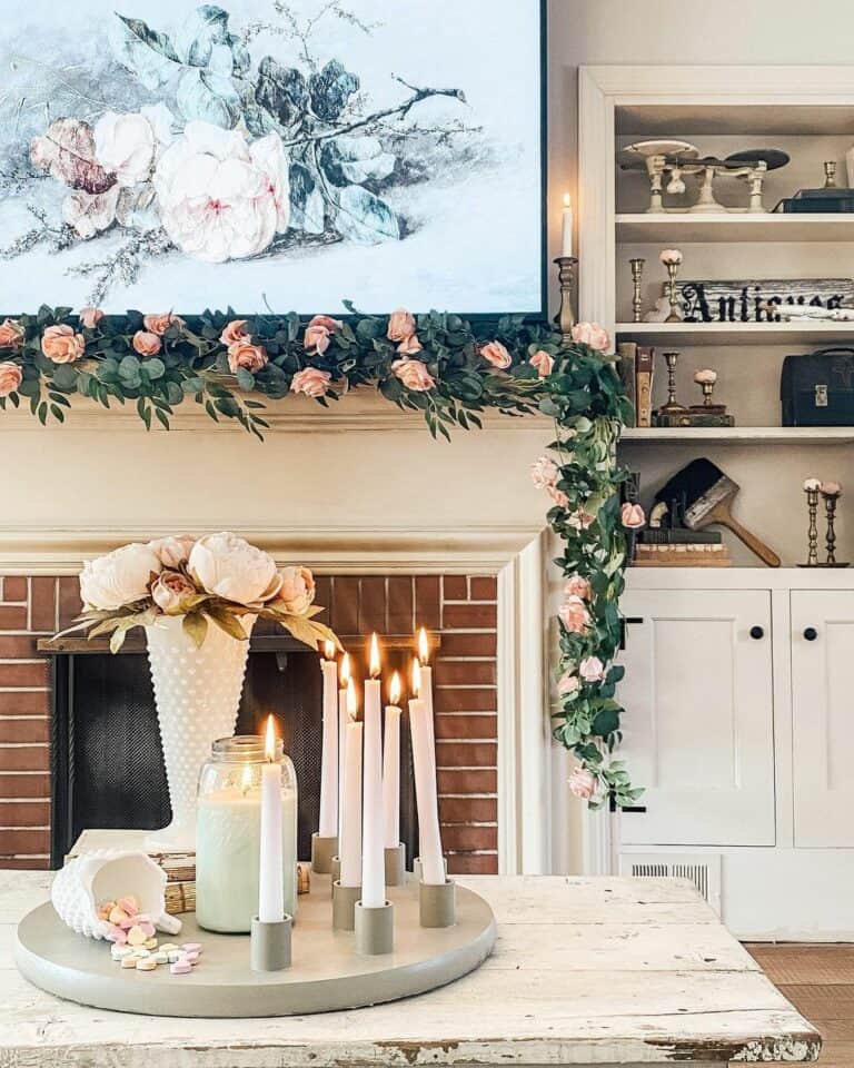 Pink Rose Garland and a Rustic White Coffee Table