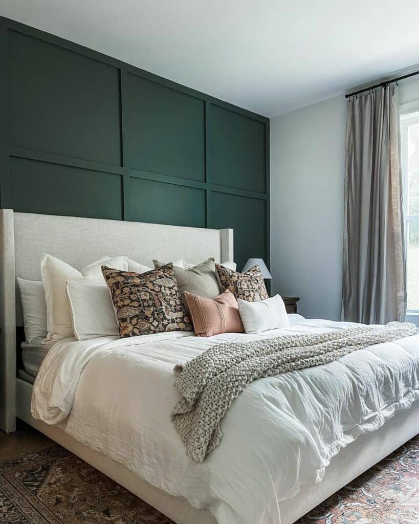 Pink and Green Bedroom Décor With Wainscoting