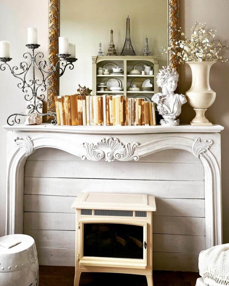 Portable Wooden Fireplace and White Mantle