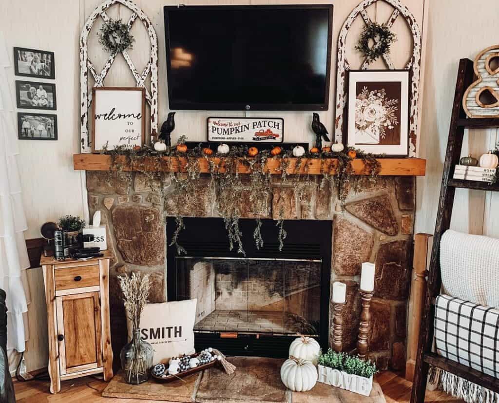 Pumpkin Ornaments and Garland on Mantle