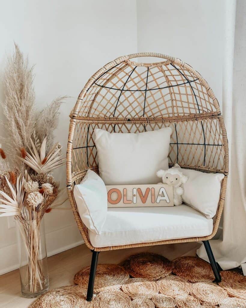 Rattan Egg Chair With White Cushions