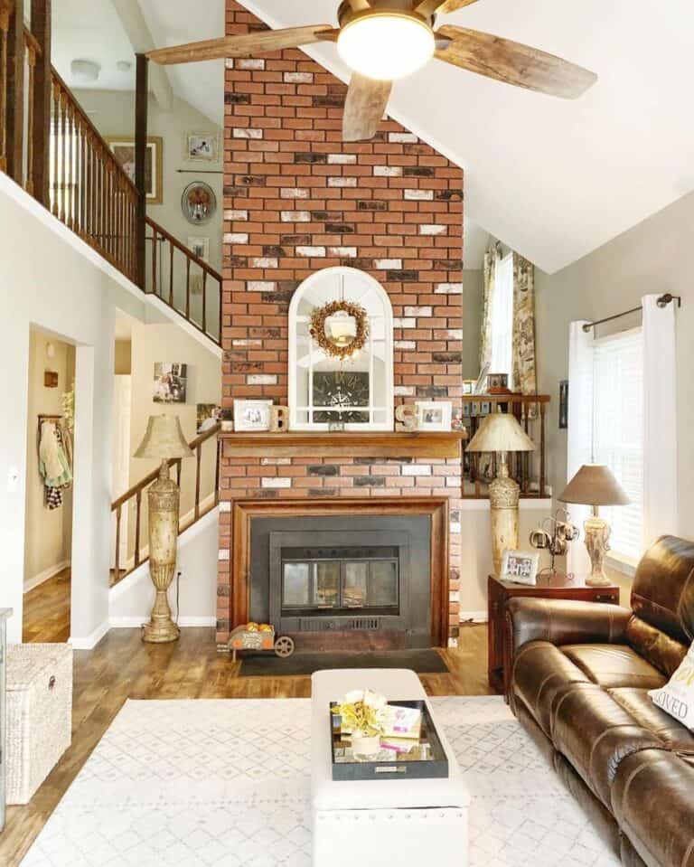 Rectangular Living Room With Brick Fireplace