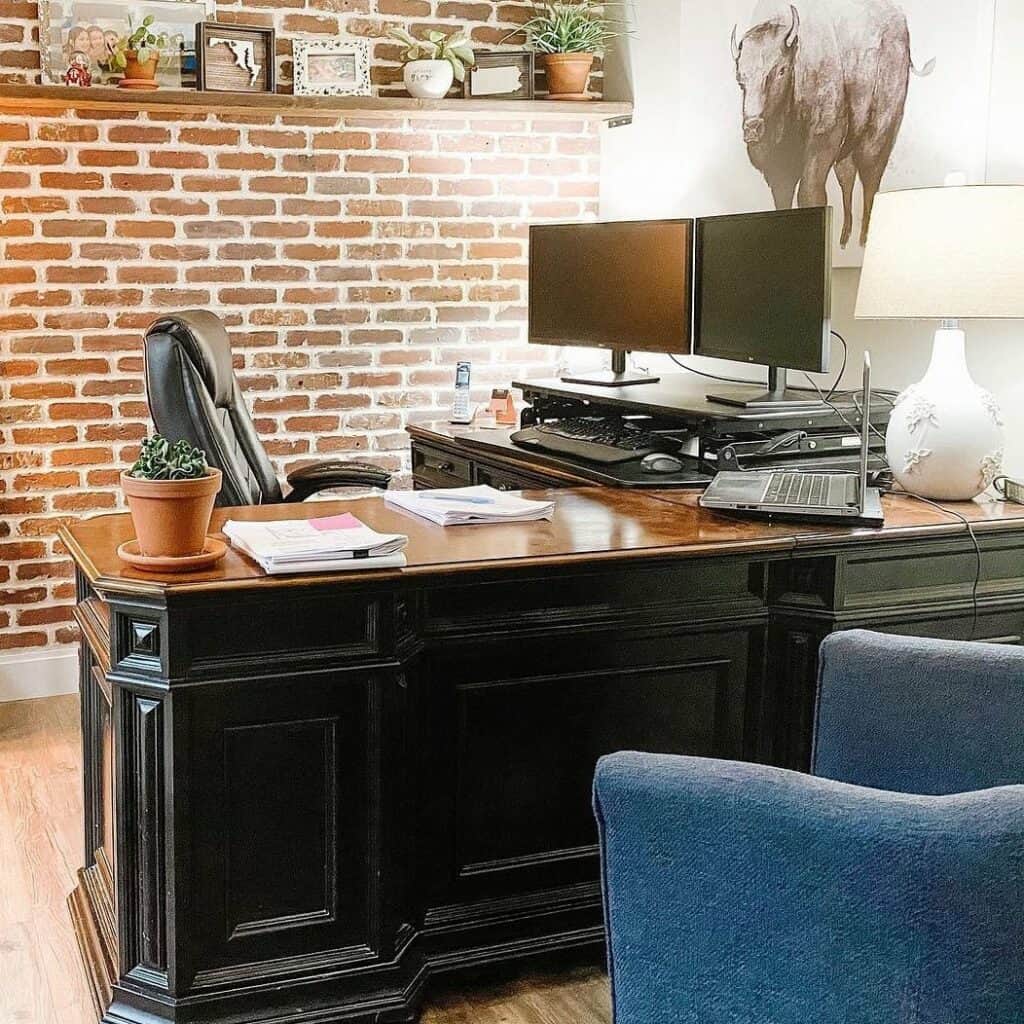 Red Brick Accent Wall in a Masculine Home Office