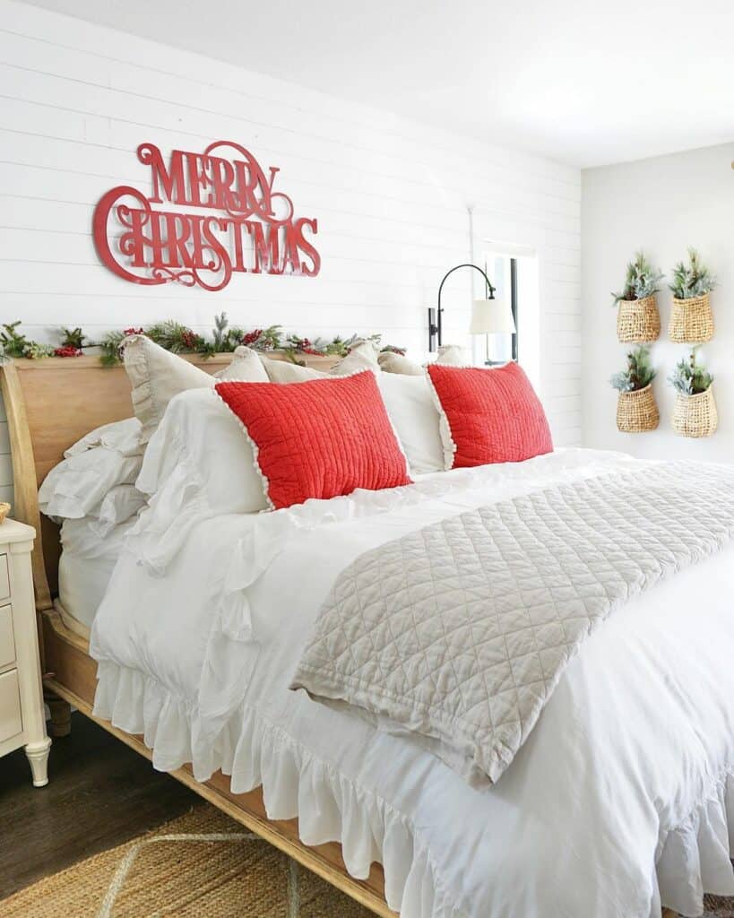 Red Christmas Sign and Two Red Pillows