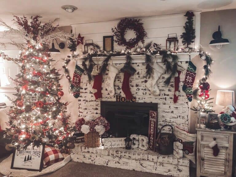 Red and White Rustic Holiday Décor for an Empty Fireplace