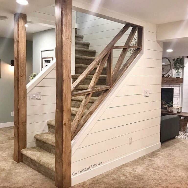 Rustic Barn Stairs With White Shiplap