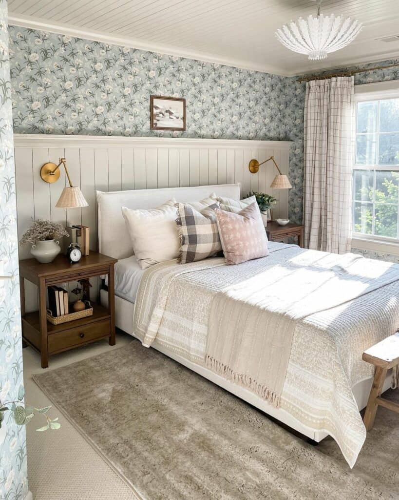 Rustic Bedroom With Blue Floral Wallpaper