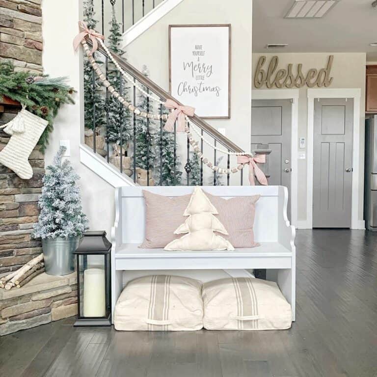 Rustic Christmas Staircase in White and Pink