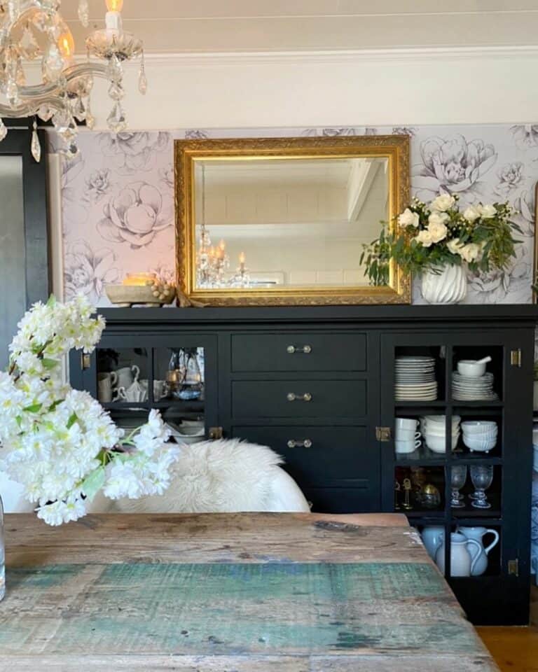 Rustic Dining Room With Floral Black and White Wallpaper