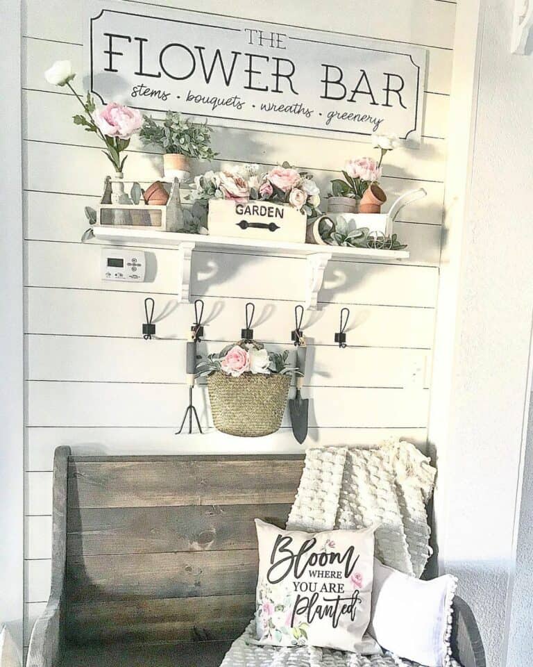 Rustic Entryway With White Shelving