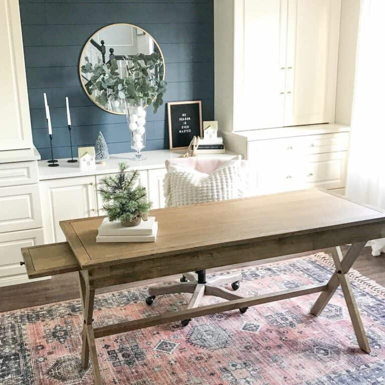 Rustic Farmhouse Office With Blue Accent Wall