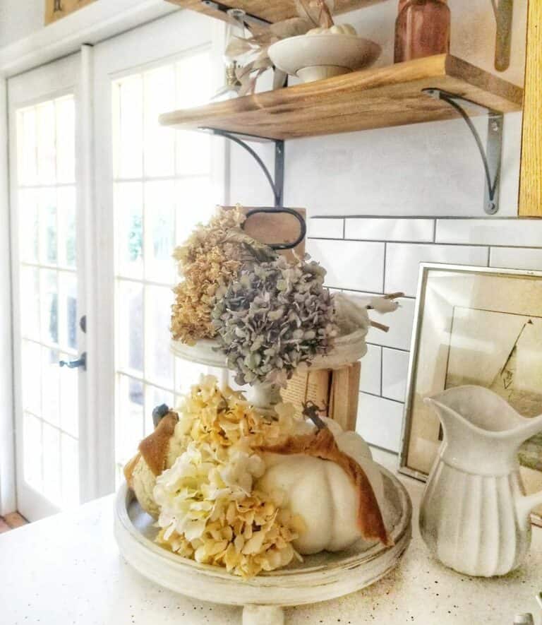 Rustic Kitchen With a Flower-themed Farmhouse-tiered Tray