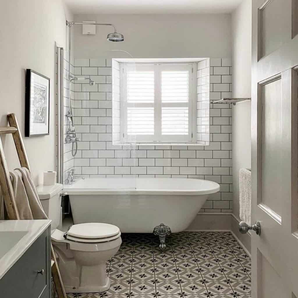 Rustic Ladder on a Patterned Tile Floor