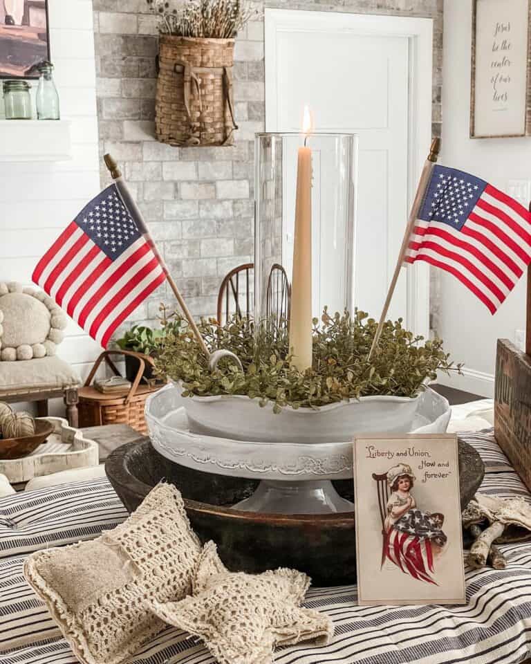 Rustic Memorial Day Decoration With a Candle and Flag Accents