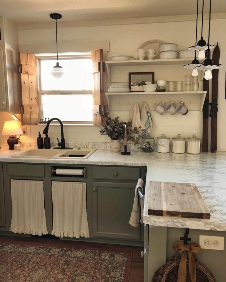Rustic Small Kitchen With White Open Shelvings