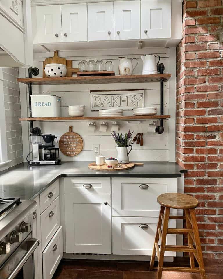 Rustic Small Kitchen With Wooden Open Shelving