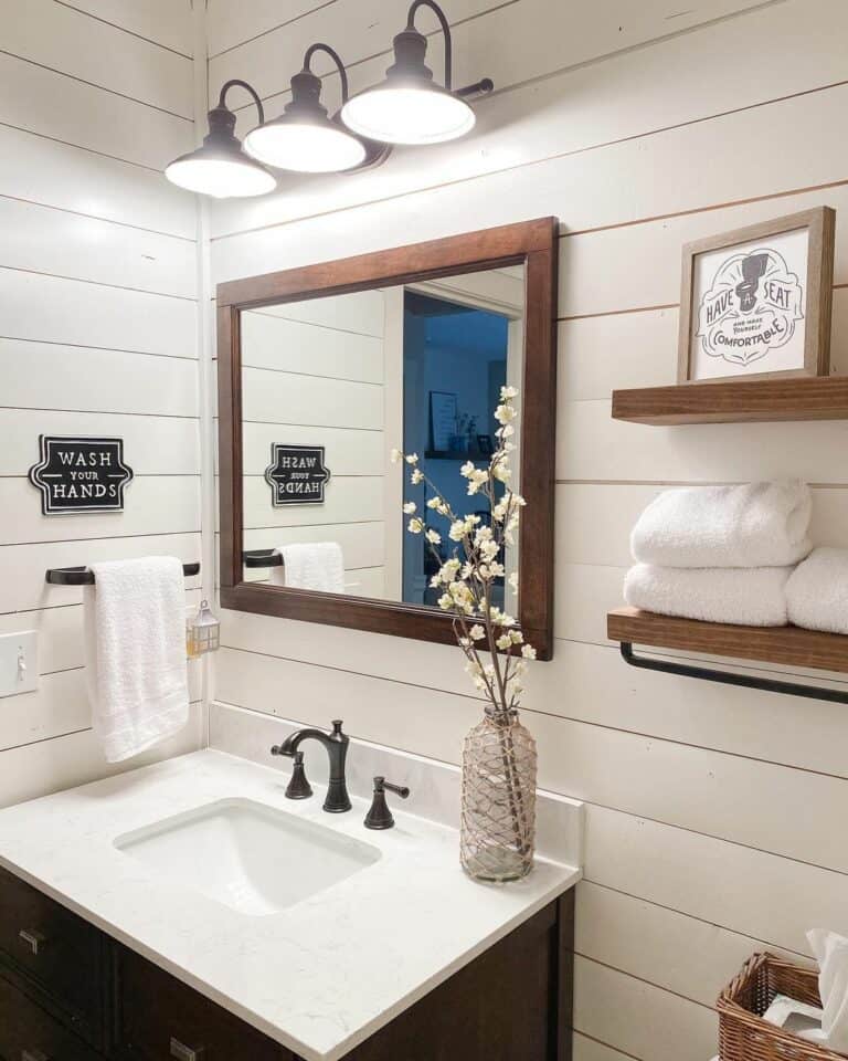 Shiplap Bathroom With Wooden Accents