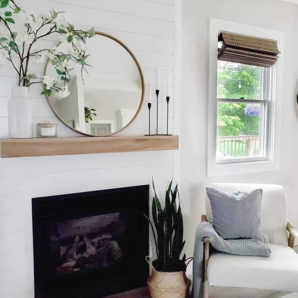 Shiplap Fireplace With Wooden Mantel