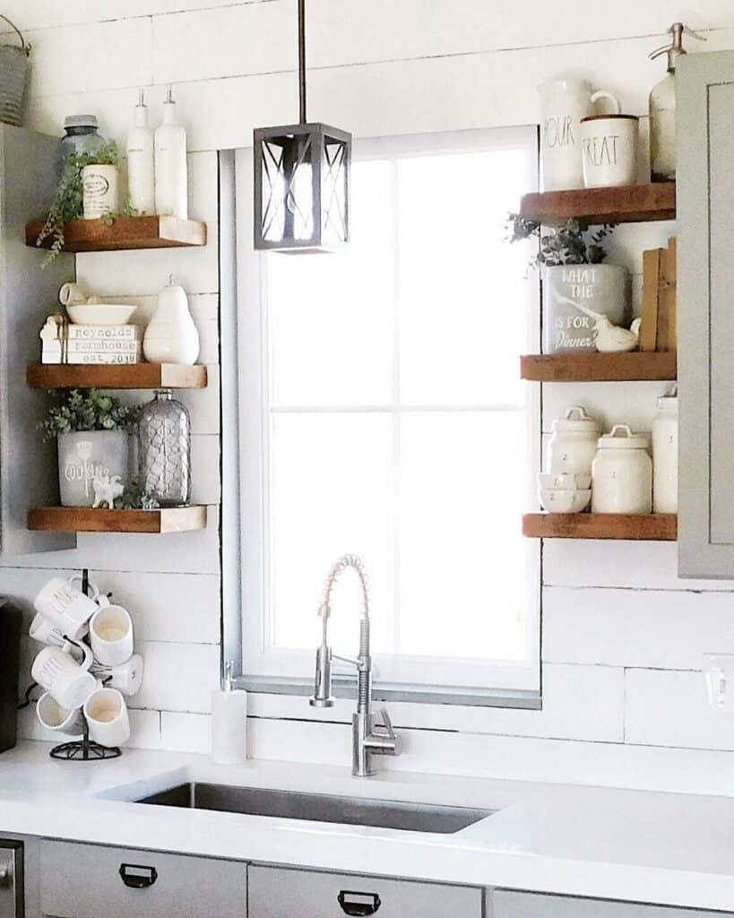 Shiplap Kitchen With Stained Wood Open Shelving Décor