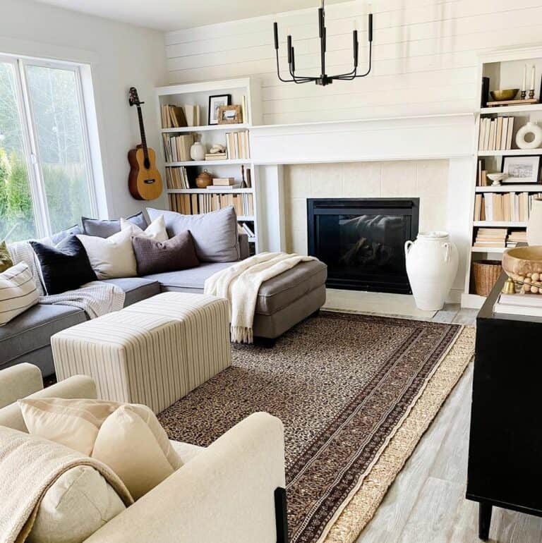 Shiplap Living Room With White Built-in Shelves