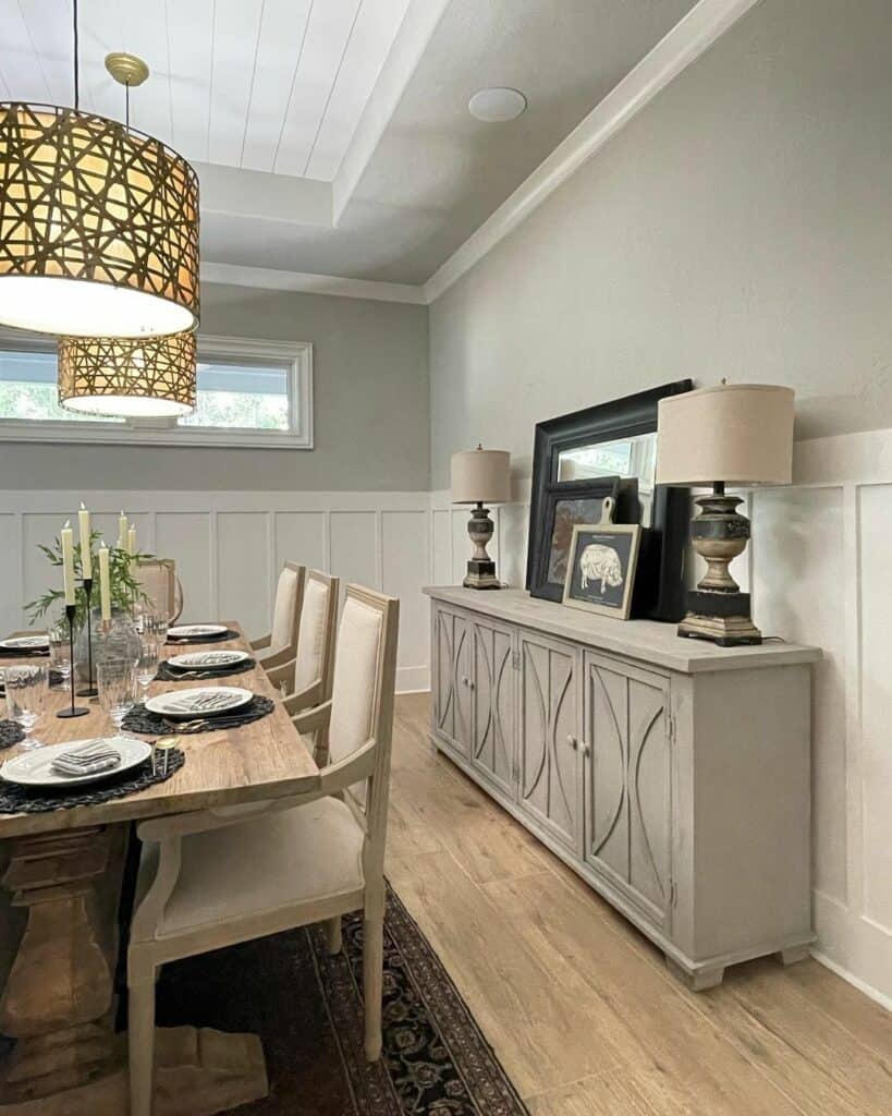 Simple White Ceiling Trim in Farmhouse Dining Room